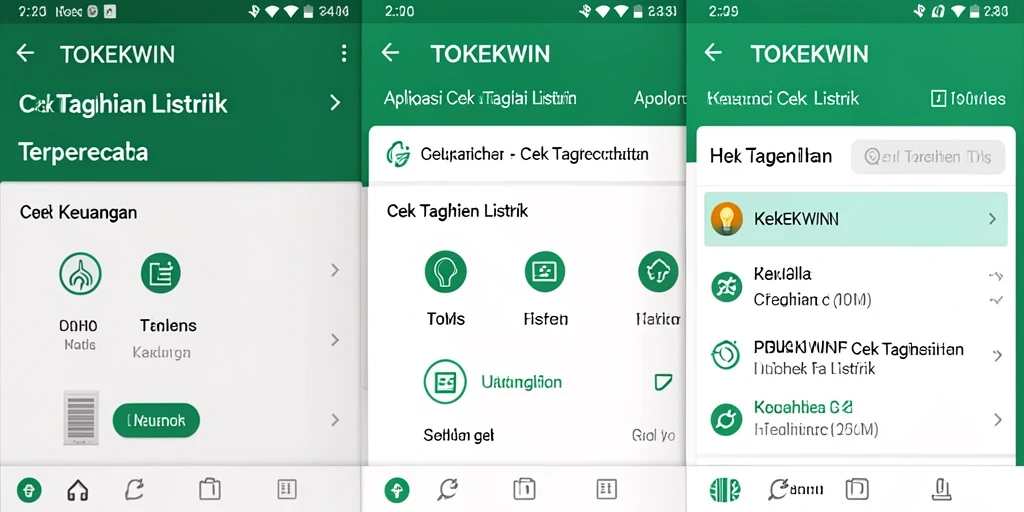 Antarmuka aplikasi TOKEKWIN menampilkan fitur cek tagihan listrik.